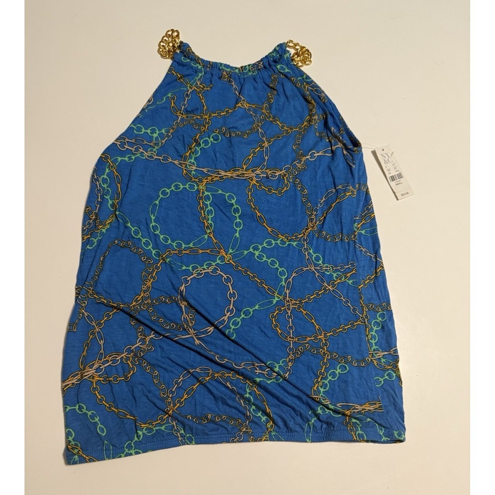 New York & Company Women's Blue Chain Print Halter Chiffon Sleeveless Blouse S